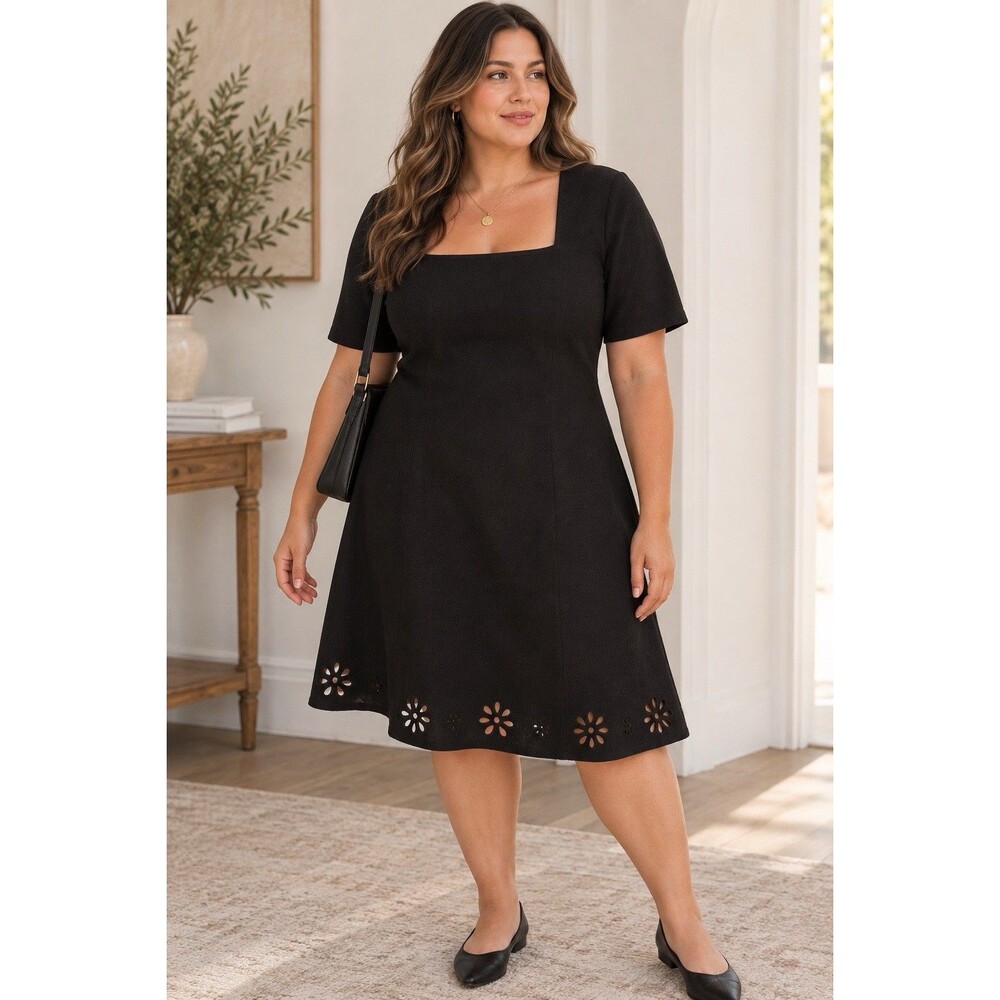 41 Hawthorn Eyelet Hem A-Line Dress Womens L Black Square Neck Fit Flare NWT